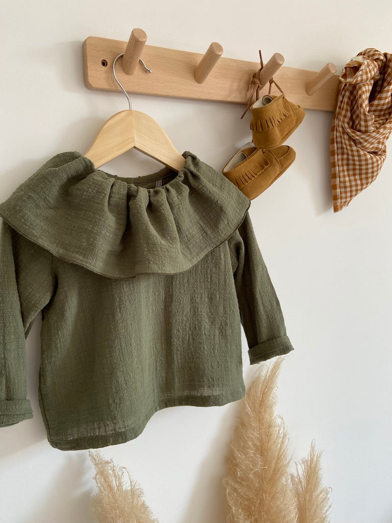 Blouse Maxi Col en gaze de coton flammé Kaki