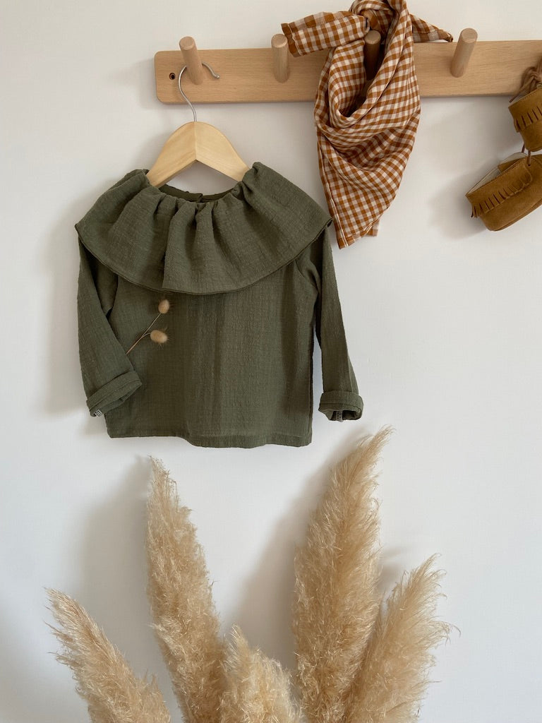 Blouse Maxi Col en gaze de coton flammé Kaki